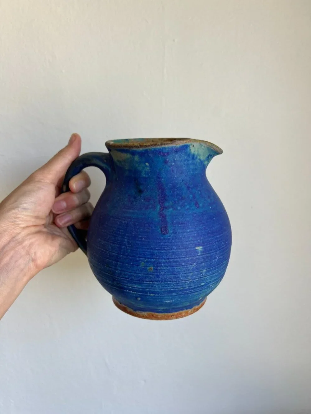 Vintage Studio Pottery Cerulean Blue Pitcher Vase Signed Hand Thrown Stoneware